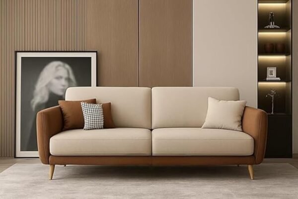 Velvet Contemprory 3 Seater Sofa for Bedroom, Living Room, Dining Room, Drawing Room, Home Office (3 Seater Beige & Brown, Beige Brown)