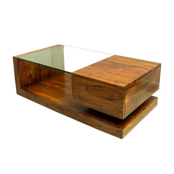 Sheesham Wood Coffee Table with Drawer Storage Wooden Tea Table with Glass for Living Room Home Office Furniture Solid Wood Teapoy (Honey Finish)