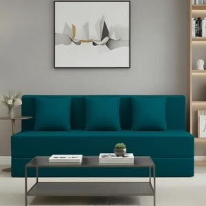 AMATA Instant 3 Seater Foldable Sofa Cum Bed Ocean bluesuede Velvet Fabric with 2 Pillow Perfect for Home Living Office Room and Guests (3 Year Warranty) (Ocean Blue,