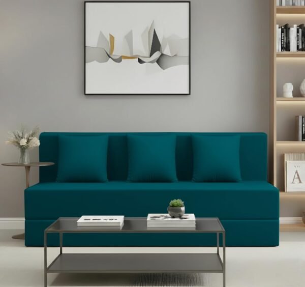 AMATA Instant 3 Seater Foldable Sofa Cum Bed Ocean bluesuede Velvet Fabric with 2 Pillow Perfect for Home Living Office Room and Guests (3 Year Warranty) (Ocean Blue,