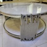 Modern Sculpture is Supported by a Bottom Shelf and a Circular, Gold-Finished Metal Drum Base. Coffee