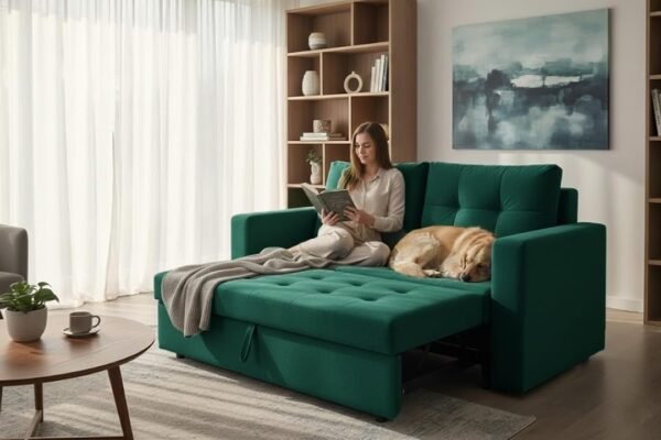 FURNY Tressa 2 Seater Fabric Pull-Out Sofa Cum Bed (Tealish Green) -