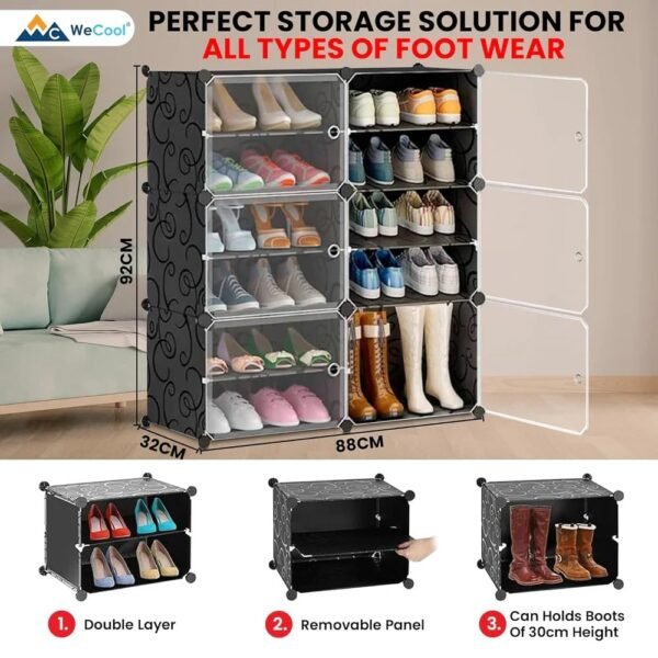 WeCool SR-B12 Upgraded Shoe Rack for Home Plastic, Portable Shoe Rack with Dustproof Door for Heels/Slippers/Boots, 12-Layer Shoe