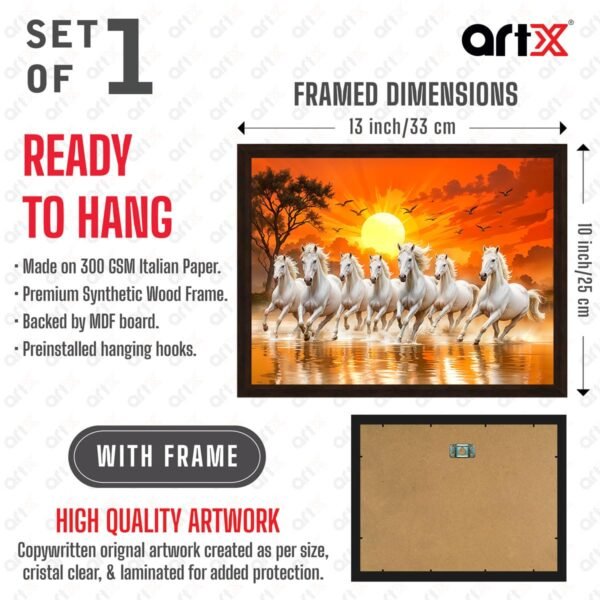 ArtX Paper 7 Horses Vastu Frame Wall Art Painting, White Running Horses On Water