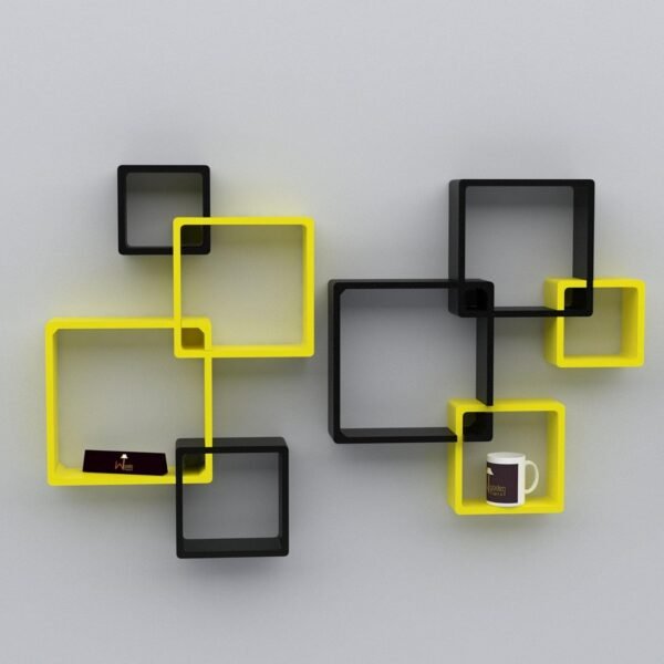 Raafi Rafuf Wooden Intersecting Wall Shelves (Set of 8) (Yellow & Black)