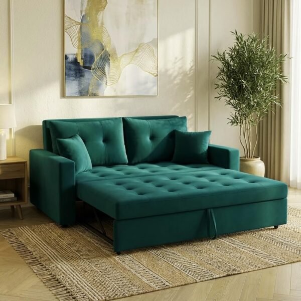 FURNY Tressa 2 Seater Fabric Pull-Out Sofa Cum Bed (Tealish Green) -