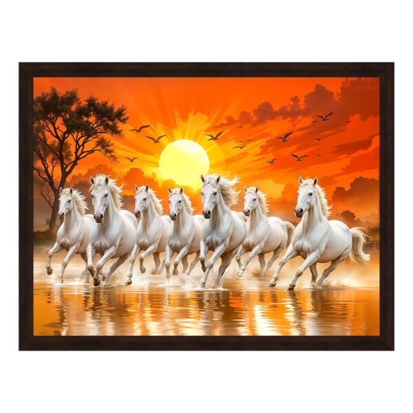 ArtX Paper 7 Horses Vastu Frame Wall Art Painting, White Running Horses On Water
