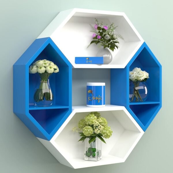 Raafi Wooden Pared Pentagon Floating Wall Shelf with 4 Shelves (Blue & White) (Blue & White)