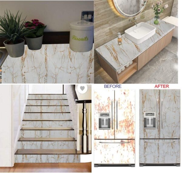 Elton White & Gold Matt Marble Furniture Film Wallpaper for Cupboard Door, Almirah, Fridge, Tabletop, Wall, Floor DIY & Renovation Project 2 x 16 feet