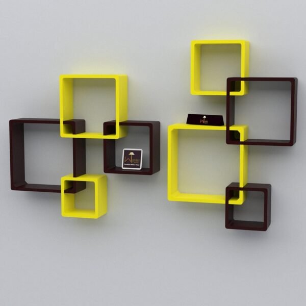 Raafi Rafuf Wooden Intersecting Wall Shelves (Set of 8) (Yellow & Black)