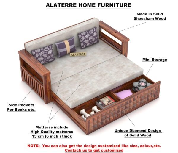 Sheesham Wood 3 Seater Sofa Cum Bed for Home, Sofa Cum Bed with Storage, Comfort Sofa Beds Foldable, Modern & Unqiue SofaBed, Honey Finish
